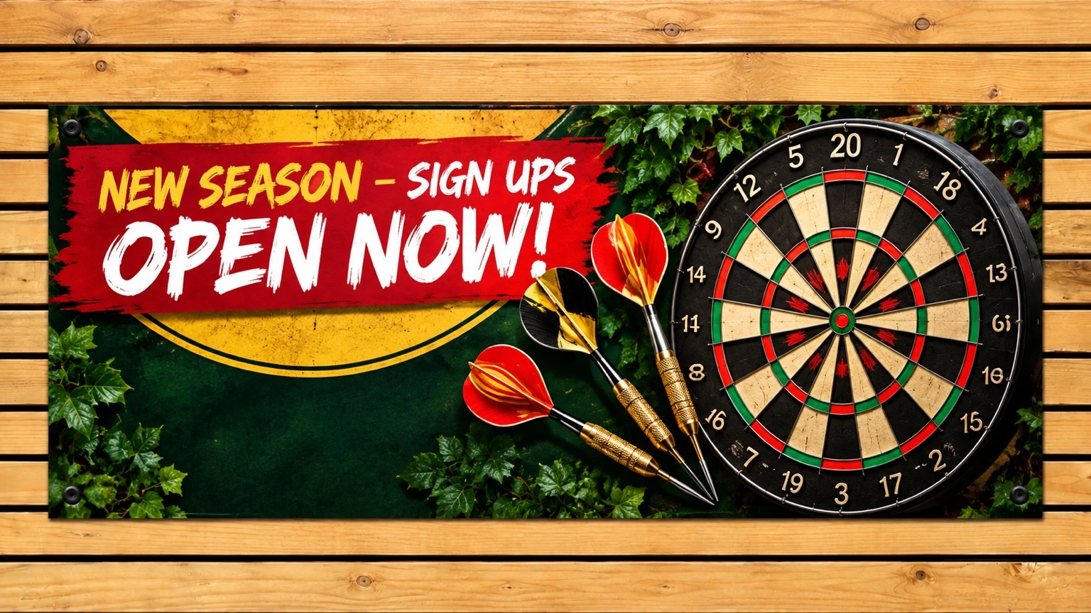 New season darts sign-ups open now wooden poster